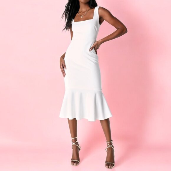 Lulus Moment Maker White Square Neck Trumpet Midi Dress Size Small - Picture 1 of 14